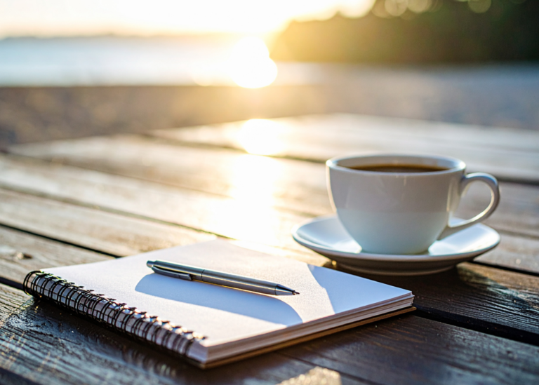White cup of coffee on a saucer, with a notebook and pen on a wooden table at sunset by the water.